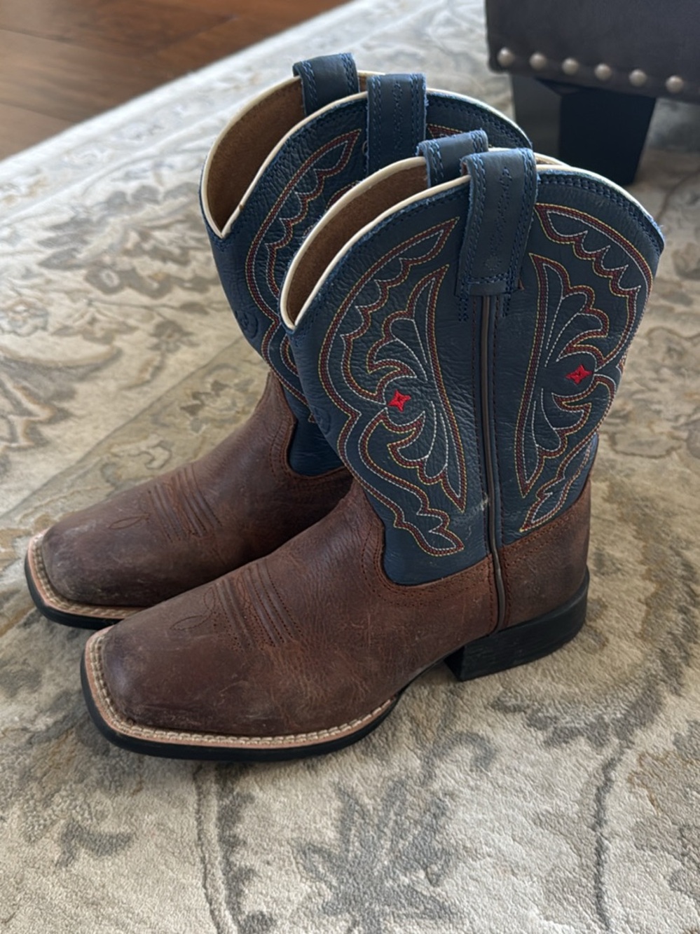 Ariat Kids Brown Leather Cowboy Boots with Blue Embroidered Shaft